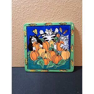 Candace Reiter Designs Catzilla Ceramic Plate Trivet Cats & Pumpkins 2002